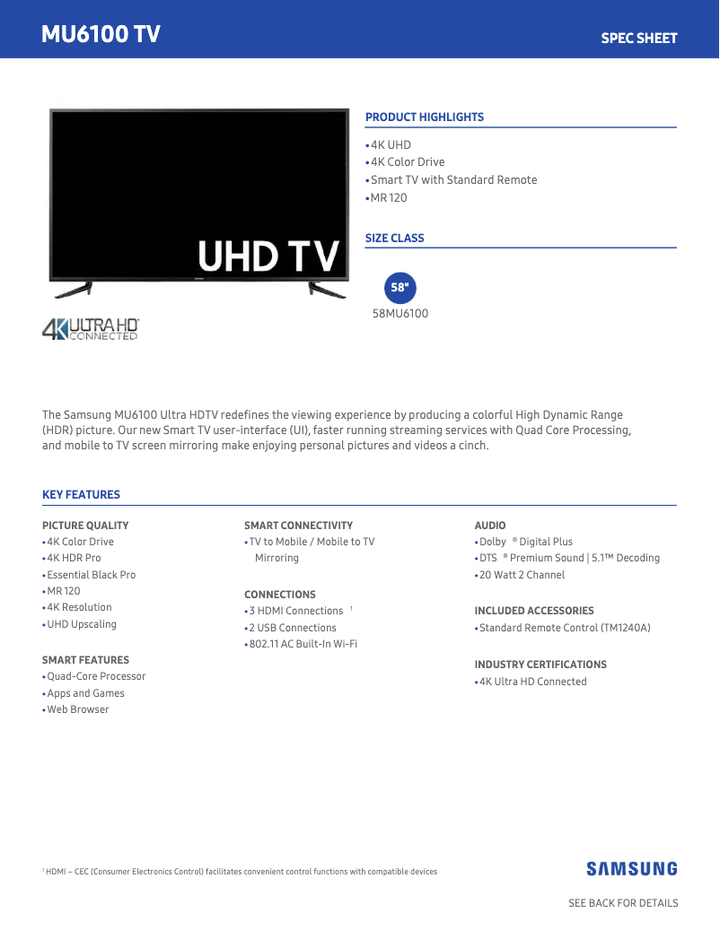 Page 1 de la notice Fiche technique Samsung UN58MU6100