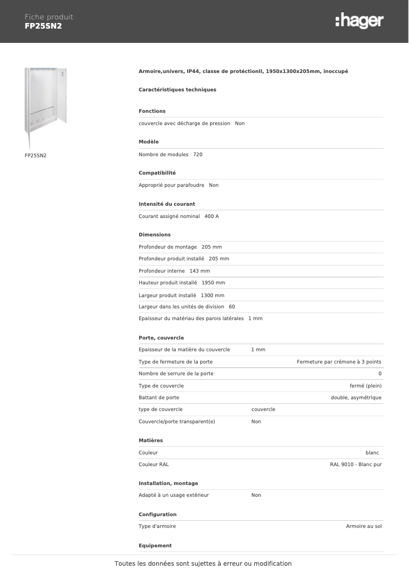 Page 1 de la notice Manuel utilisateur Hager FP25SN2