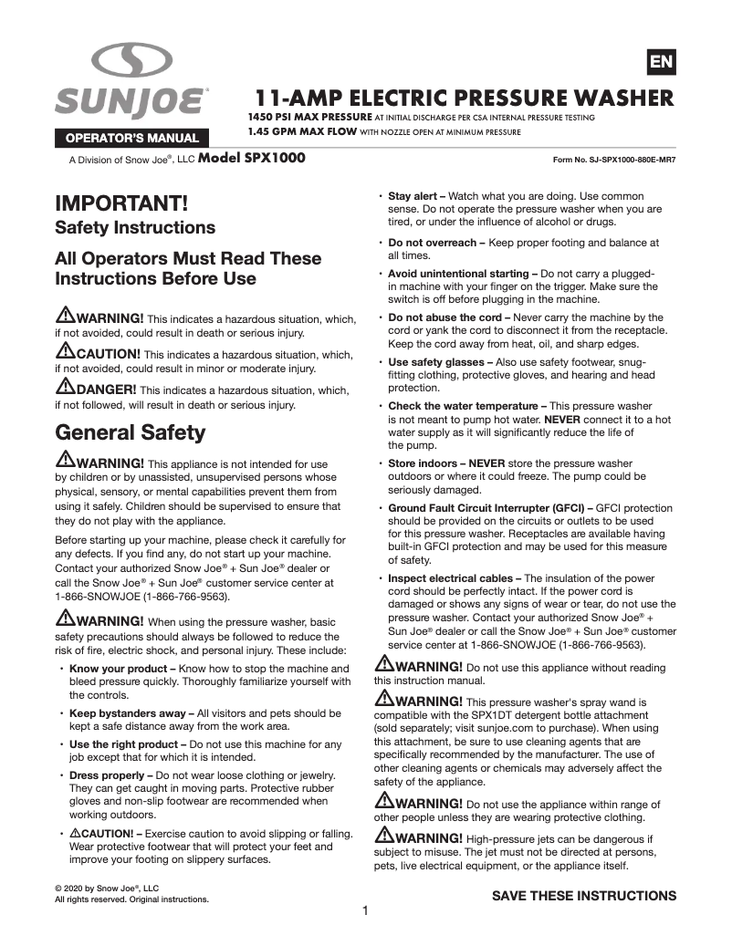 Page 1 de la notice Manuel utilisateur Sun Joe SPX1000