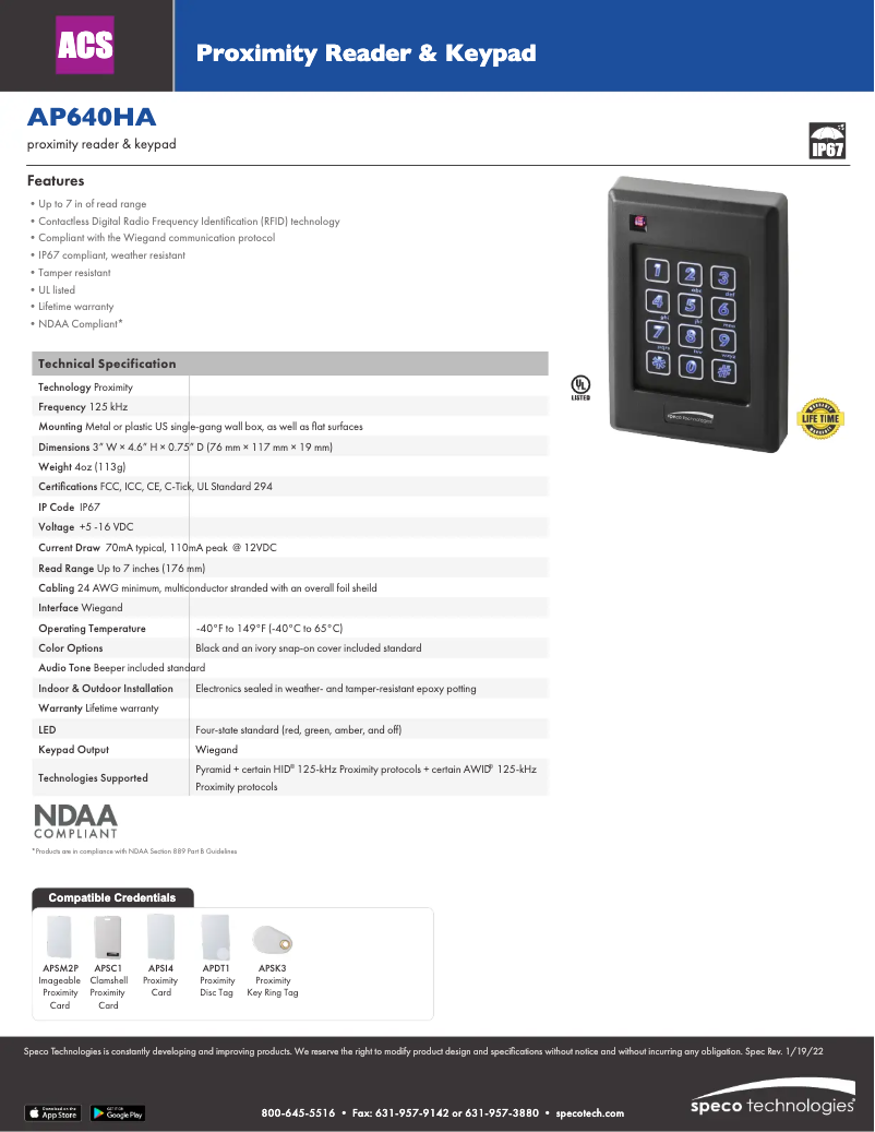 Page 1 de la notice Fiche technique Speco Technologies AP640HA