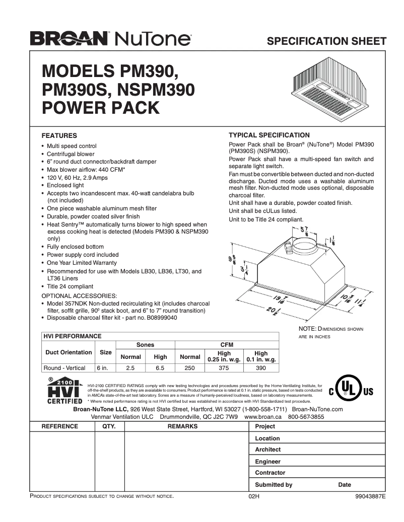 Page 1 de la notice Fiche technique NuTone NSPM390