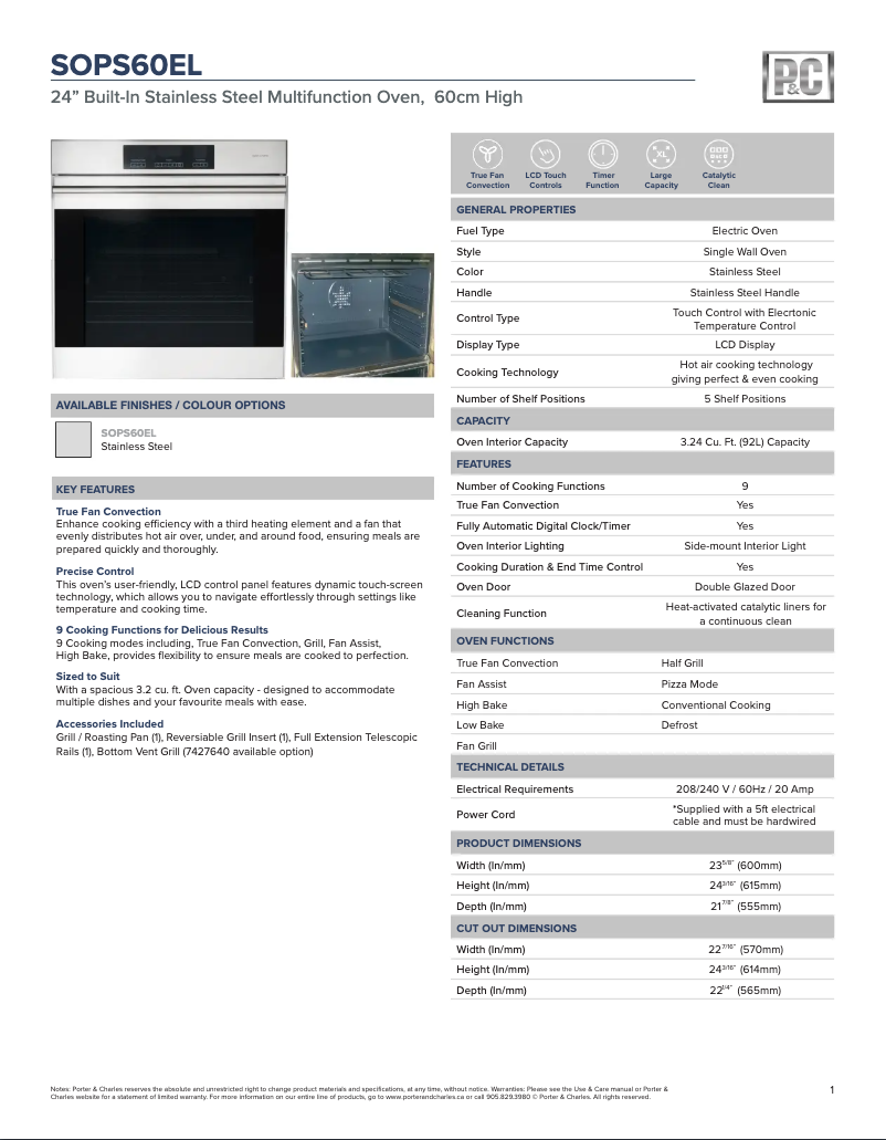 Page 1 de la notice Fiche technique Porter & Charles SOPS60EL