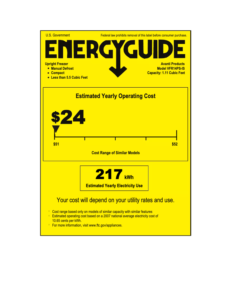 Page 1 de la notice Label énergétique Avanti VFR14PS-IS