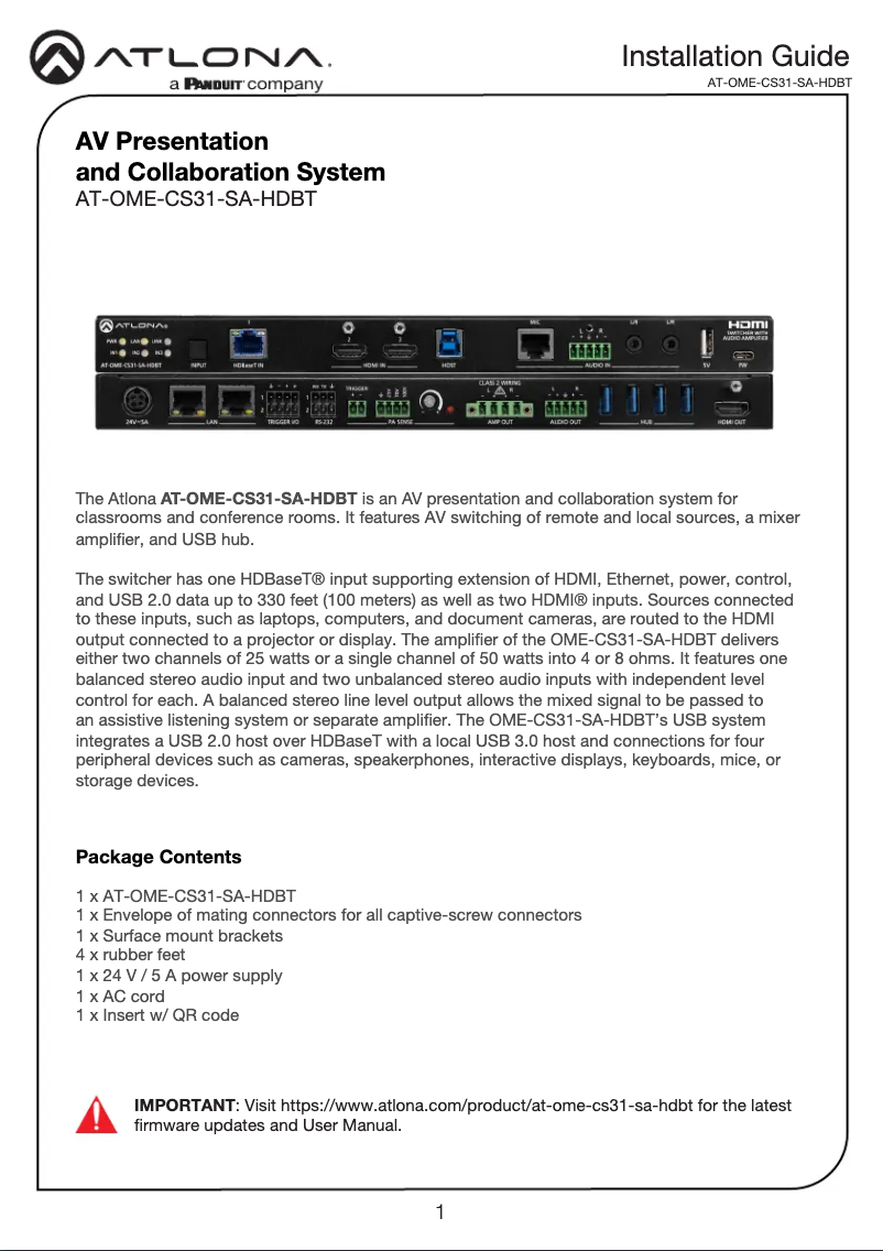 Page 1 de la notice Guide d'installation Atlona AT-OME-CS31-SA-HDBT