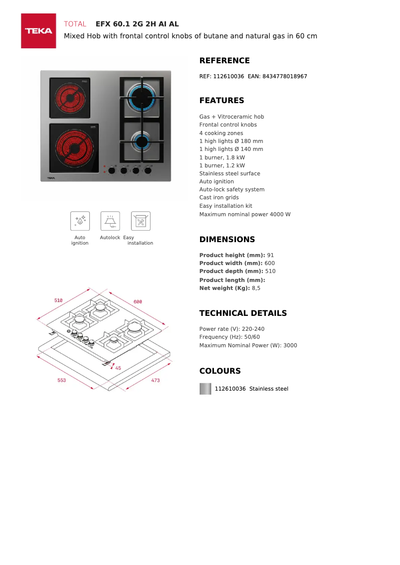 Page n°1 - Fiche technique Teka EFX 70 5G AI AL DR