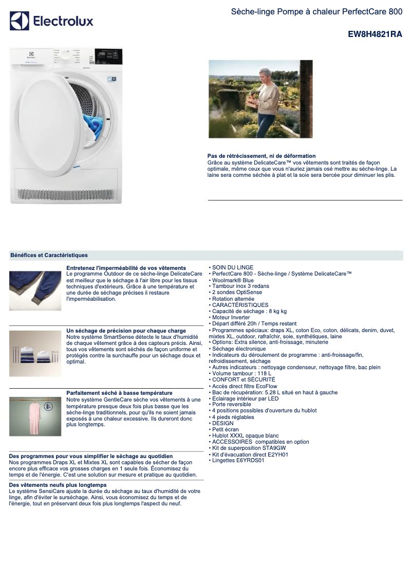Page 1 de la notice Fiche technique Electrolux EW8H4821RA