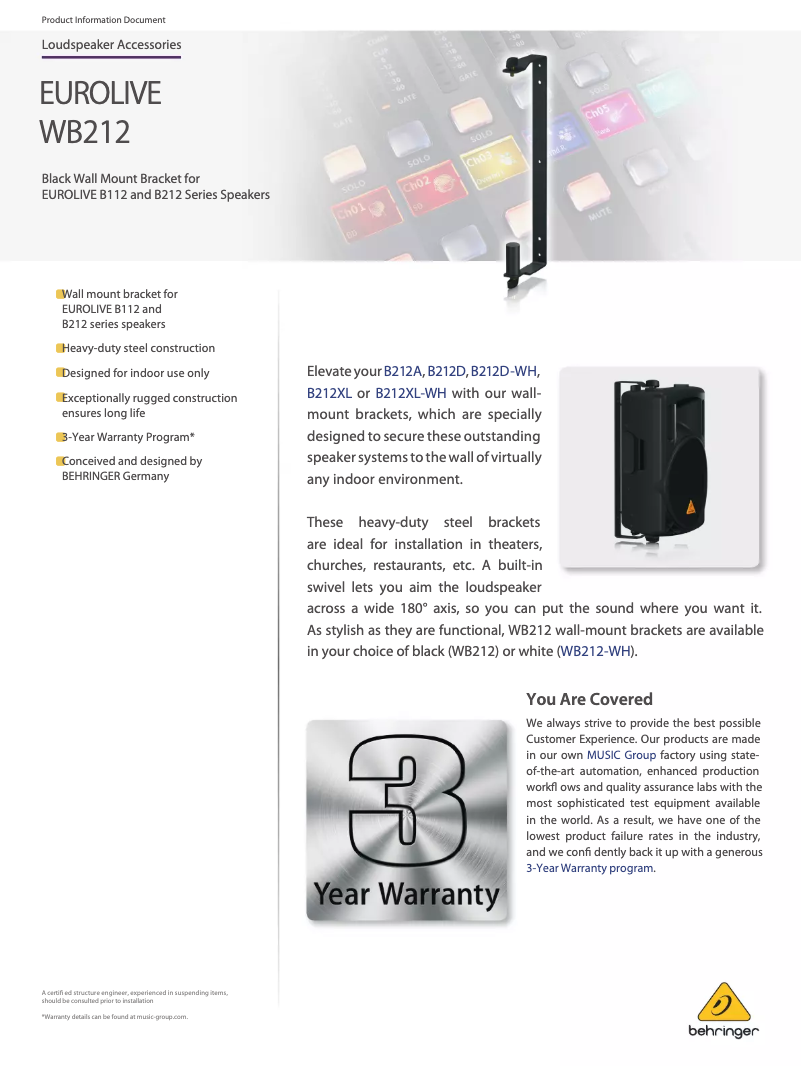 Page 1 de la notice Fiche technique Behringer Eurolive WB212