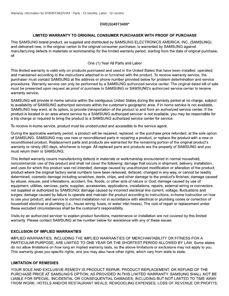Page 1 de la notice Informations de garantie Samsung DVE45T3400V