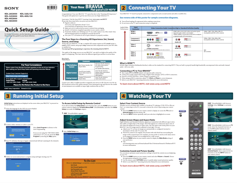 Page 1 de la notice Guide d'installation Sony Bravia KDL-46S3000