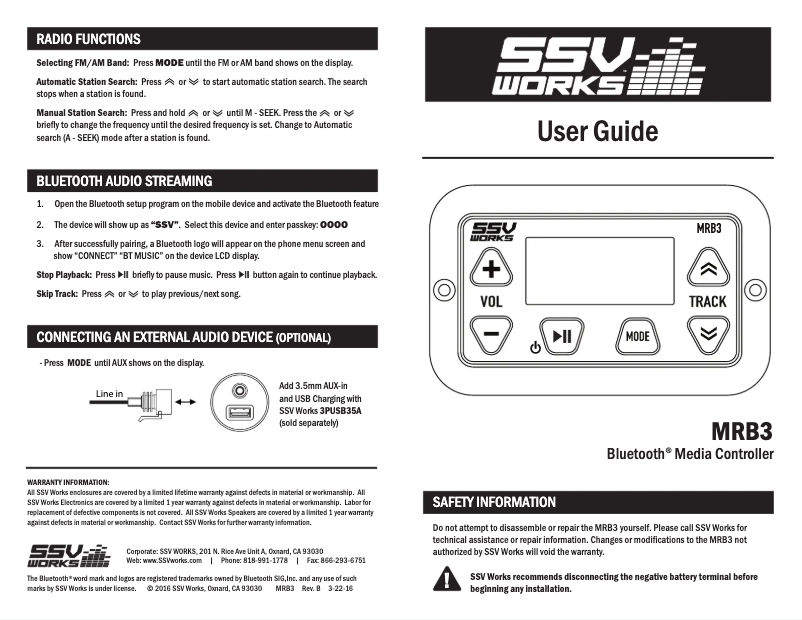 Page n°1 - Manuel utilisateur SSV Works MRB3