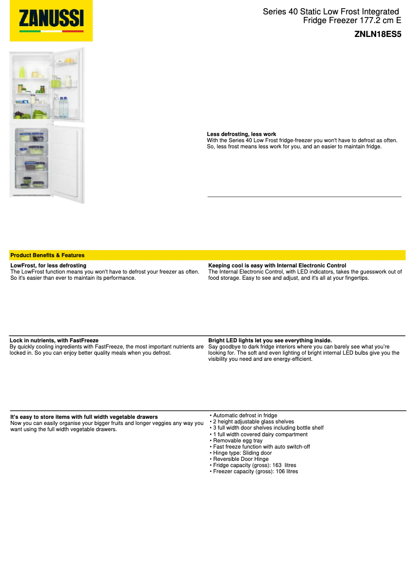 Page 1 de la notice Fiche technique Zanussi ZNLN18ES5