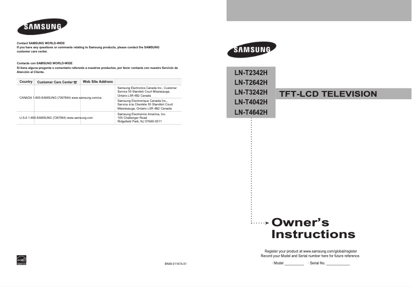 Page 1 de la notice Manuel utilisateur Samsung LN-T2642H