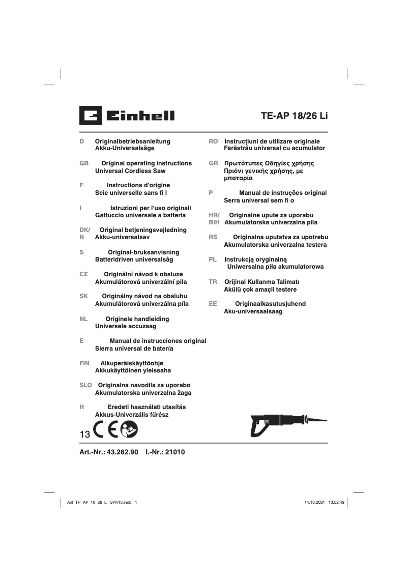 Page n°1 - Manuel utilisateur Einhell TE-AP 18/26 Li