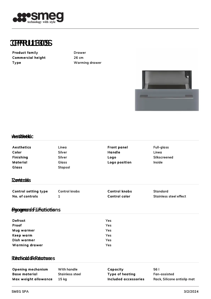 Page 1 de la notice Fiche technique Smeg CPRU130S