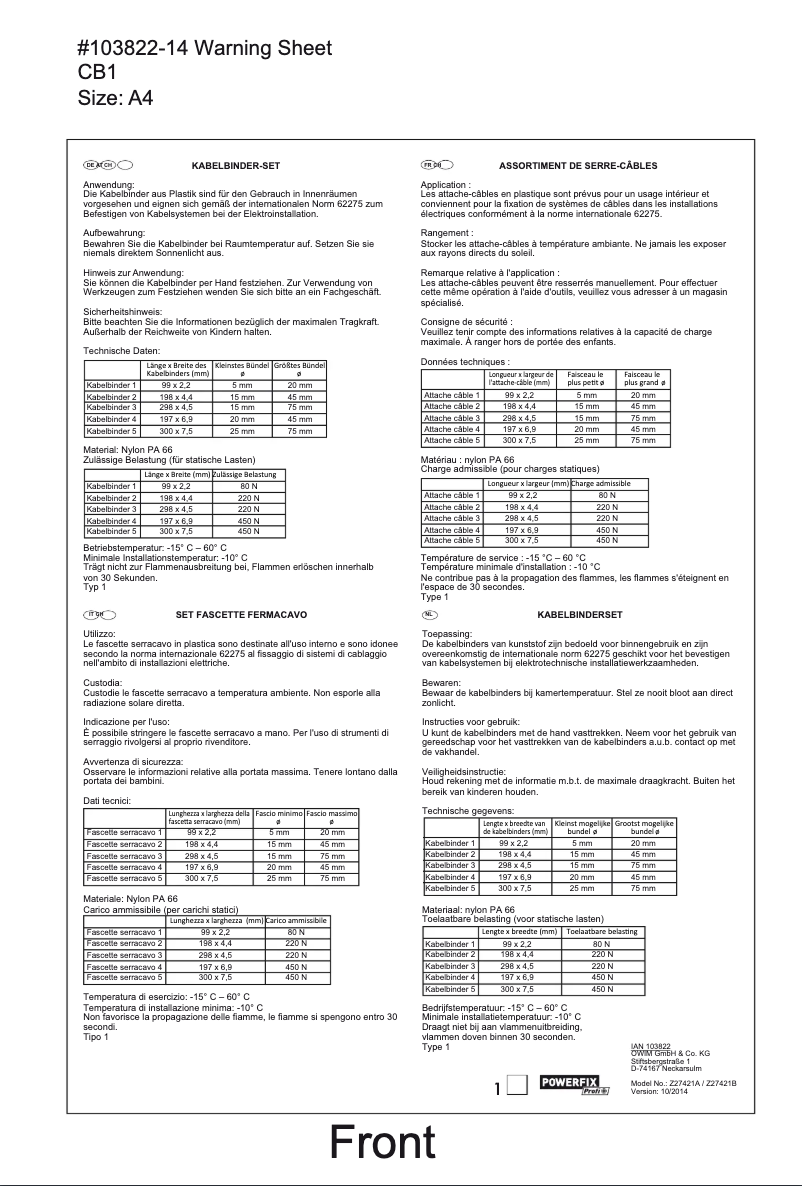 Page n°1 - Manuel utilisateur Powerfix Z27421A
