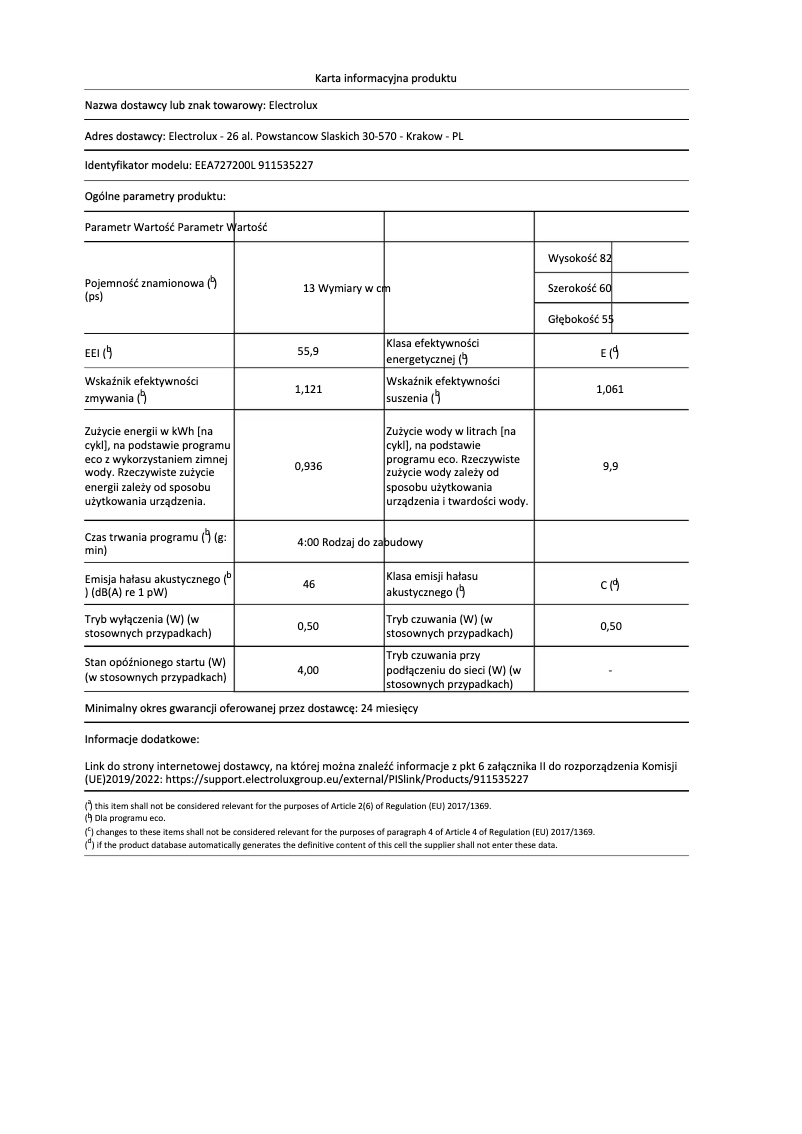 Page 1 de la notice Fiche technique Electrolux EEA727200L