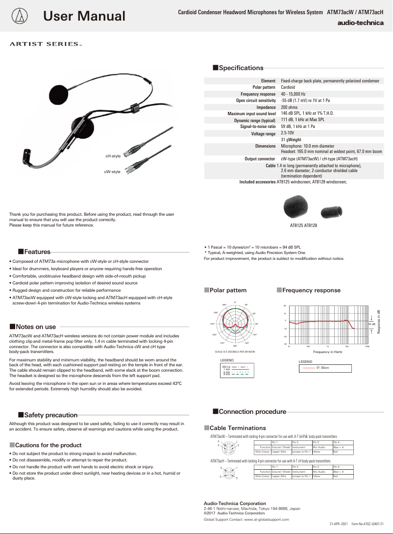 Page n°1 - Manuel utilisateur Audio-Technica ATM73acH