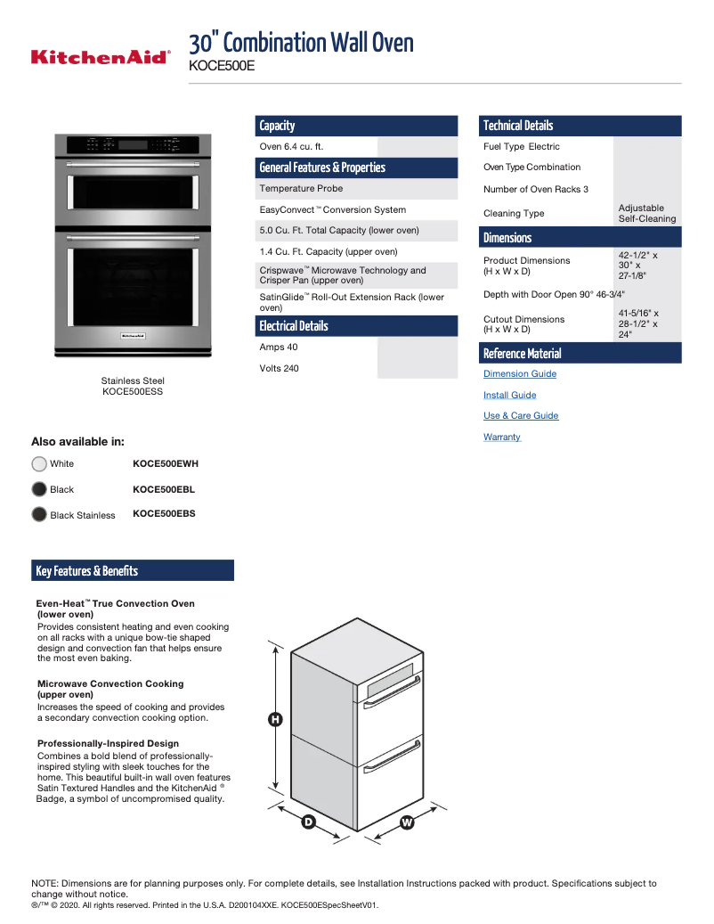 Page 1 de la notice Fiche technique KitchenAid KOCE500EBS