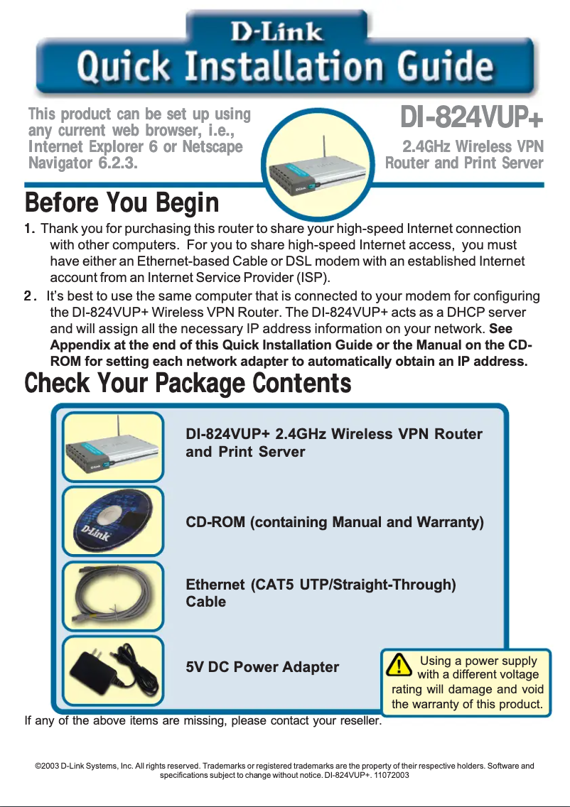 Page n°1 - Guide d'installation D-Link AirPlus Xtreme G DI-824VUP