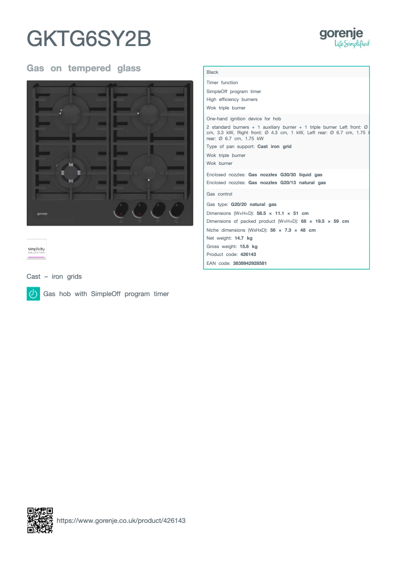 Page n°1 - Fiche technique Gorenje GKTG6SY2B