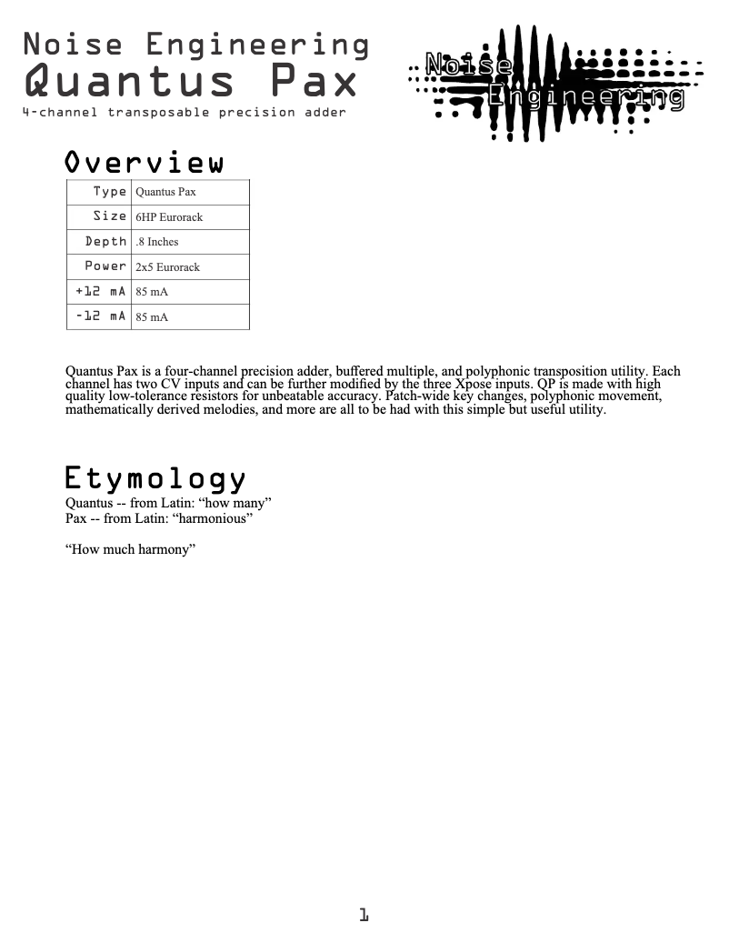 Page 1 de la notice Manuel utilisateur Noise Engineering Quantus Pax