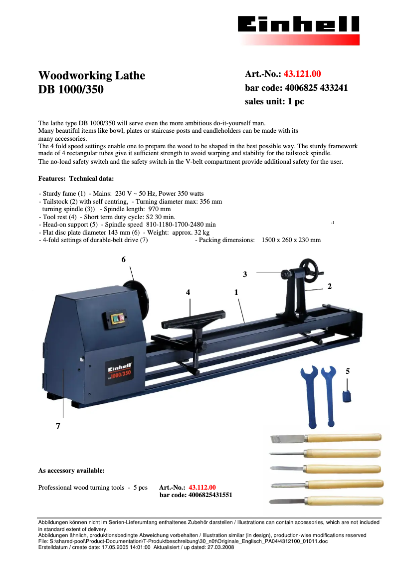 Page n°1 - Fiche technique Einhell DB 1000/350