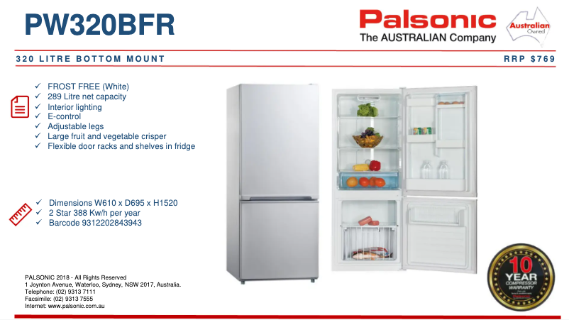 Page 1 de la notice Fiche technique Palsonic PW320BFR