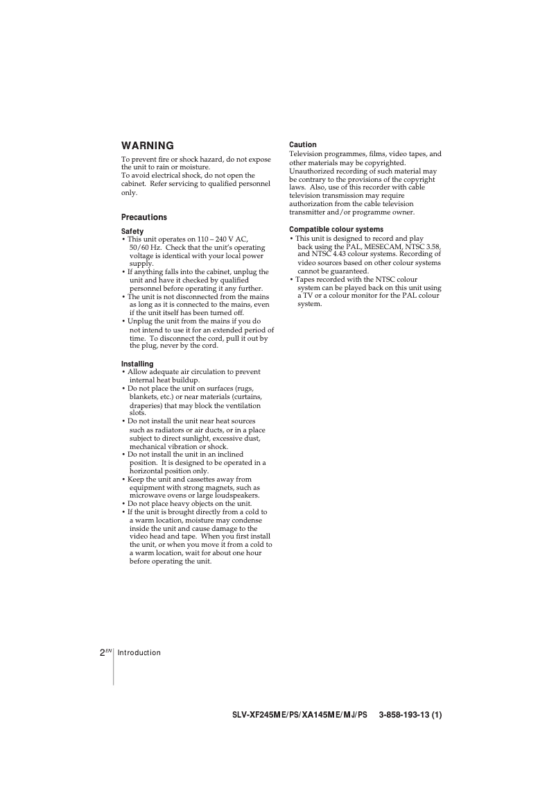 Page n°1 - Manuel utilisateur Sony SLV-XA145ME