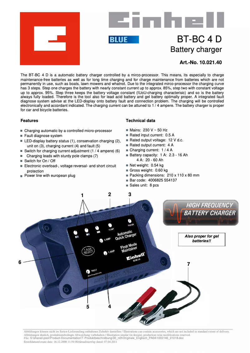 Page 1 de la notice Manuel utilisateur Einhell BT-BC 4 D