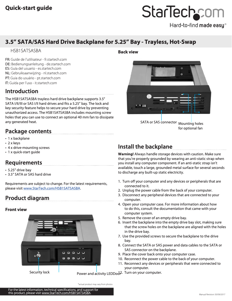 Page 1 de la notice Manuel utilisateur StarTech.com HSB1SATSASBA