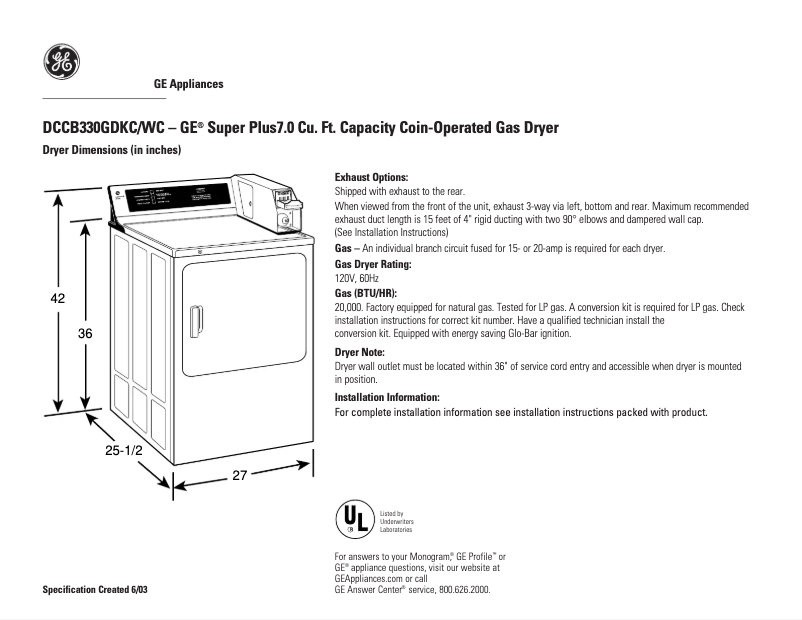 Page 1 de la notice Fiche technique GE DCCB330GDWC