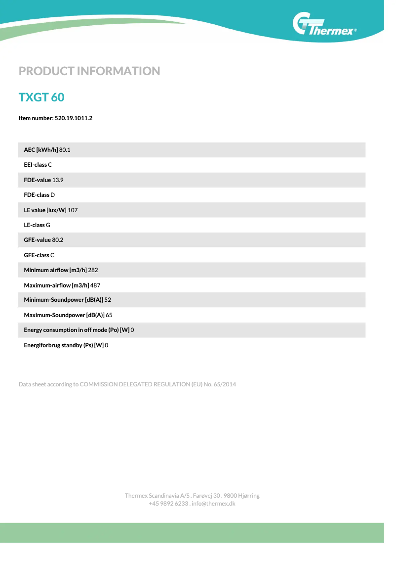 Page 1 de la notice Fiche technique Thermex TXGT 60