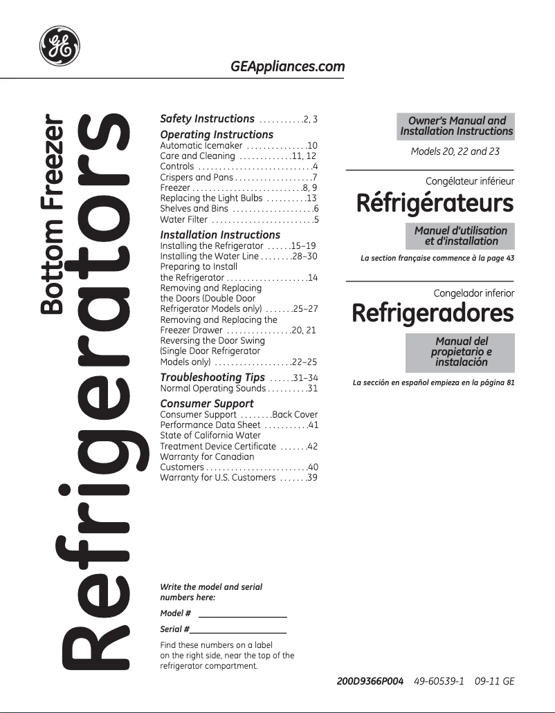 Page 1 de la notice Manuel d'utilisation et d'entretien GE GNS22EWW
