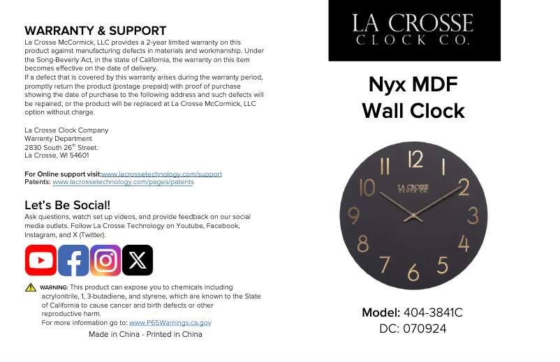 Page 1 de la notice Manuel utilisateur La Crosse Technology 404-3841C