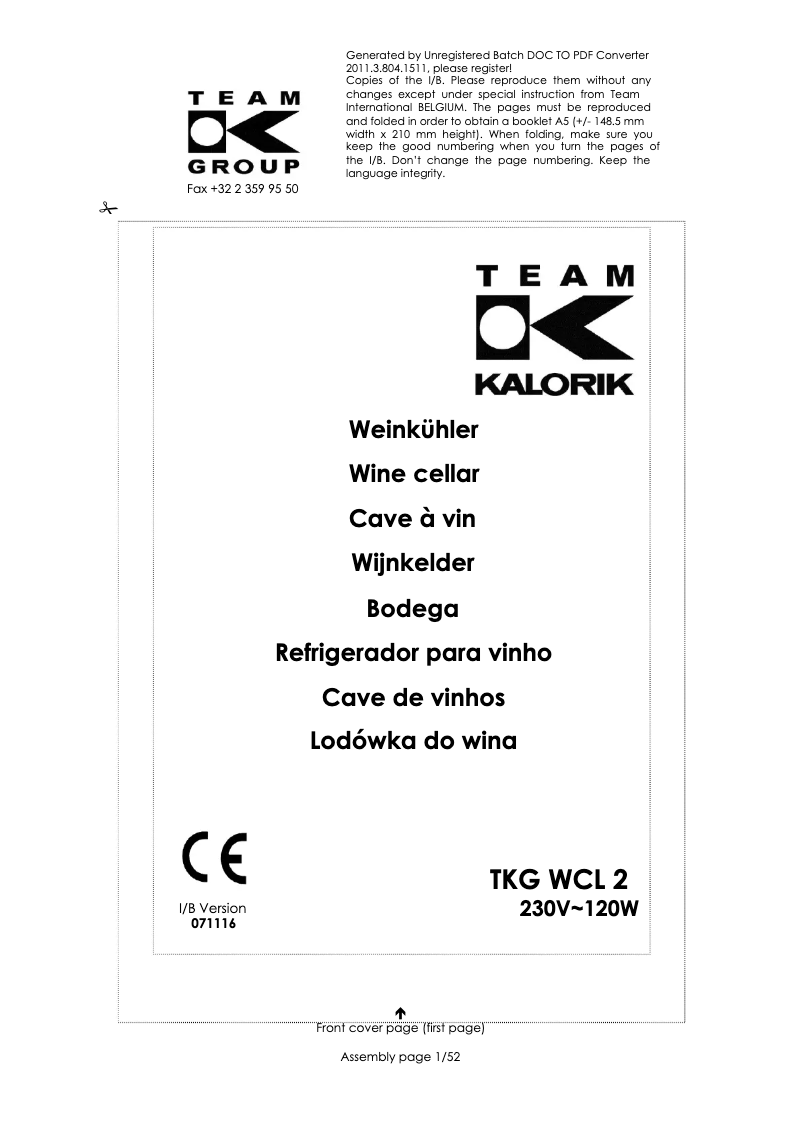 Page n°1 - Manuel utilisateur Kalorik TKG WCL 2