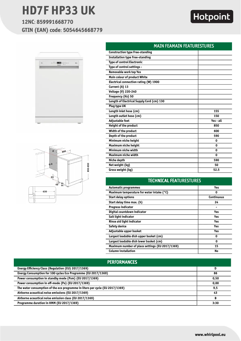 Page 1 de la notice Fiche technique Hotpoint HD7F HP33 UK