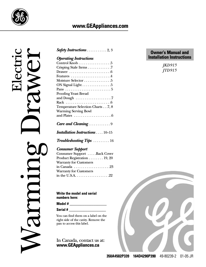 Page 1 de la notice Manuel d'utilisation et d'entretien GE Profile JTD915BFBB