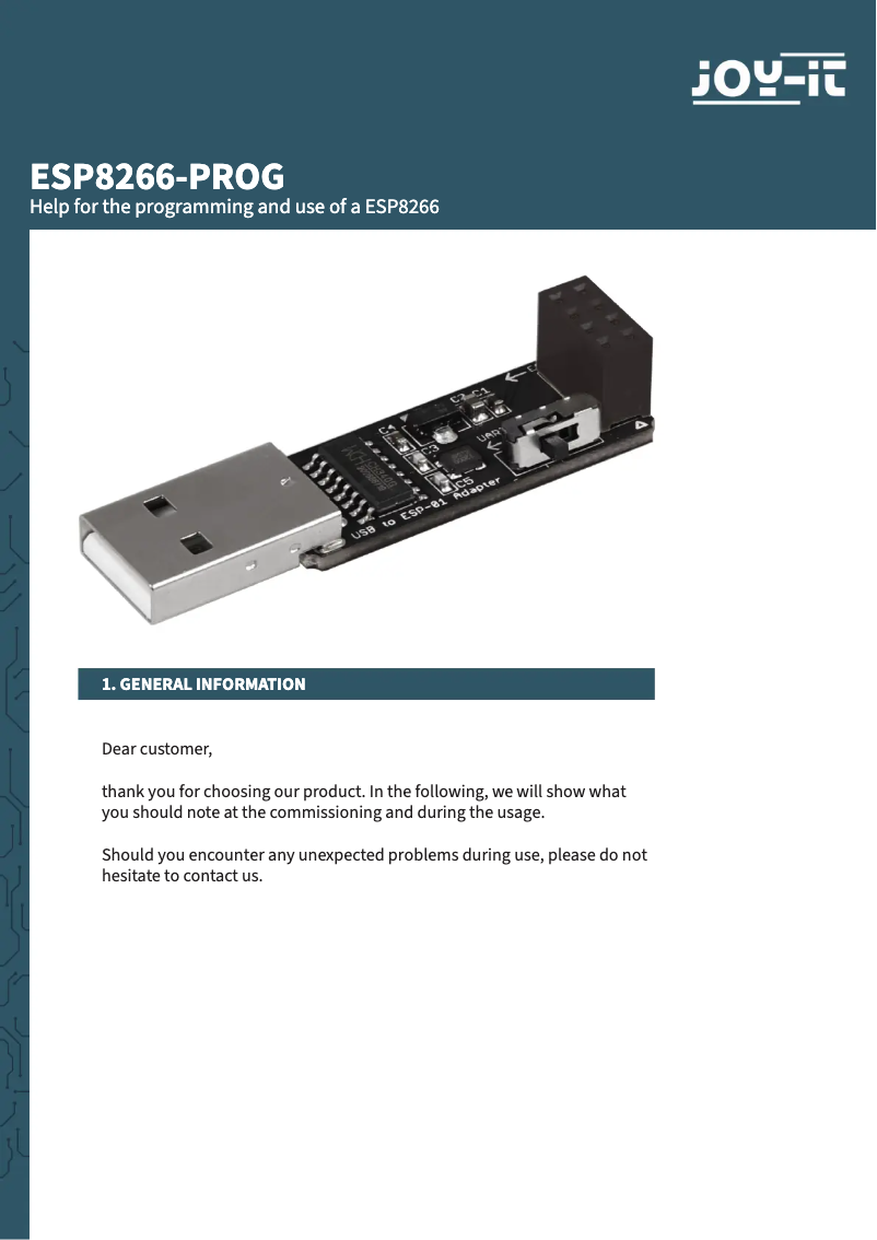 Page n°1 - Manuel utilisateur Joy-It ESP8266-PROG