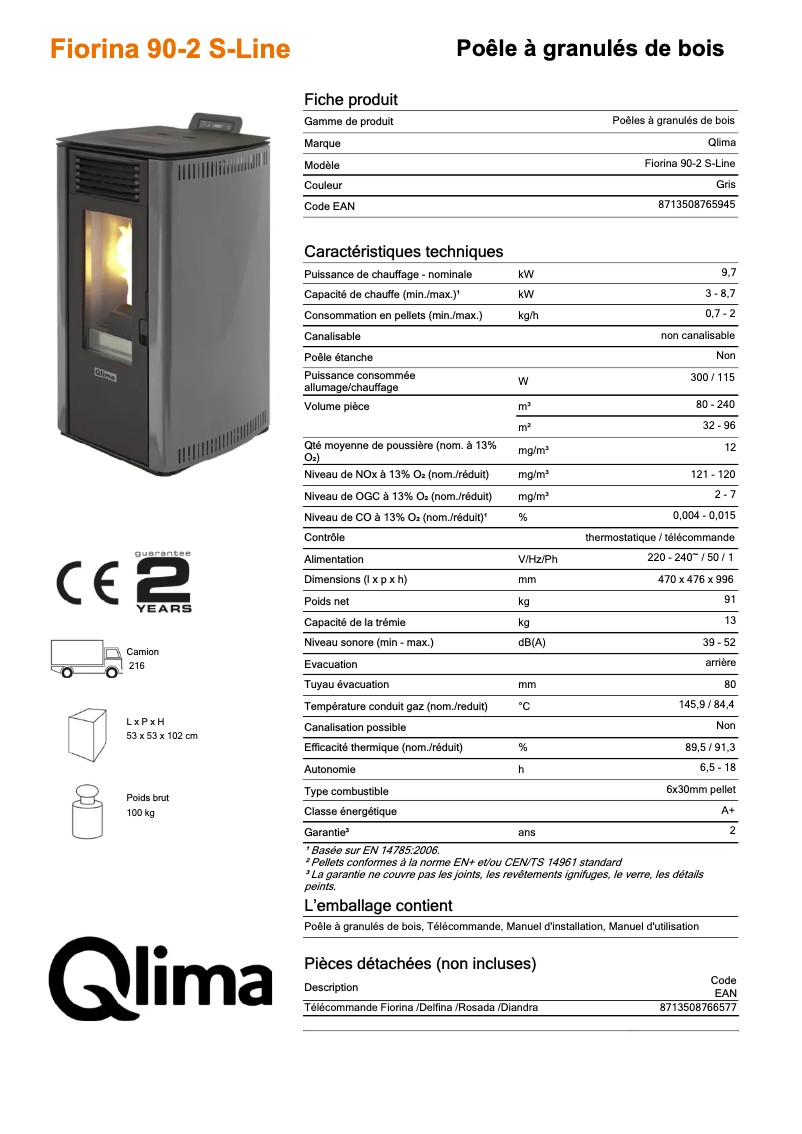 Page 1 de la notice Fiche technique Qlima Fiorina 90-2 S-LINE