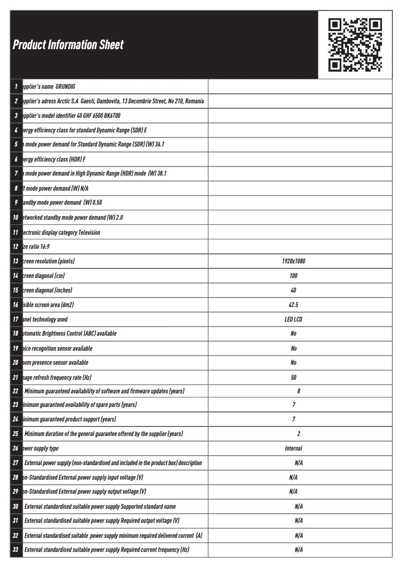 Page n°1 - Fiche technique Grundig 40 GHF 6500