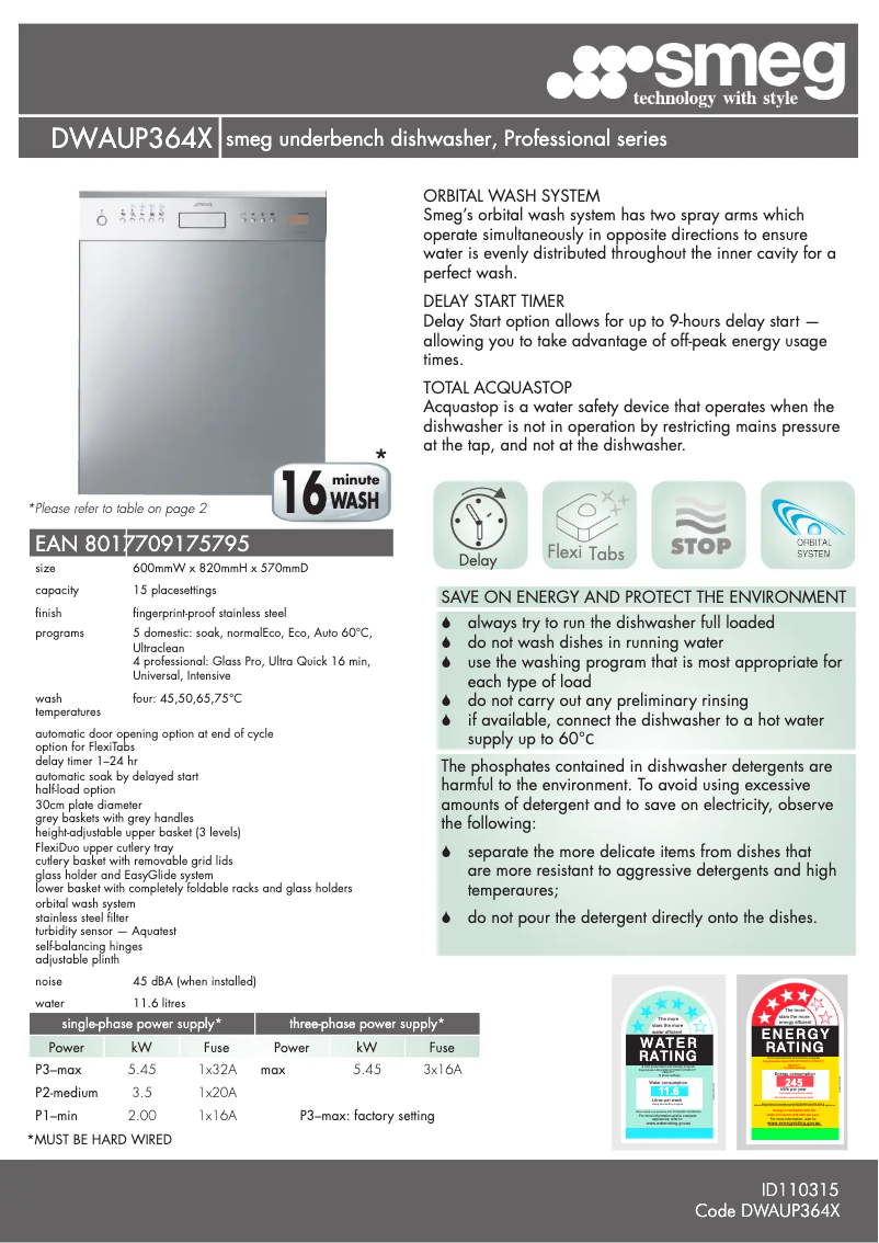 Page 1 de la notice Fiche technique Smeg DWAUP364X