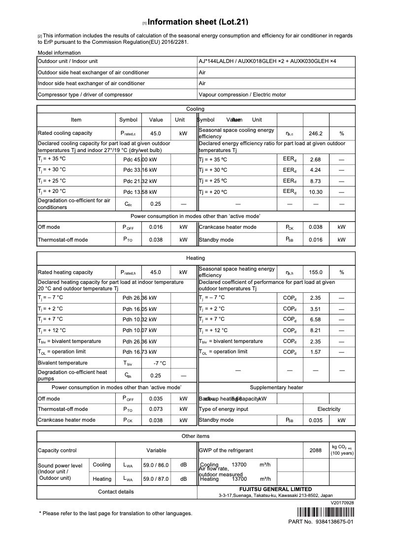 Page 1 de la notice Fiche technique Fujitsu Airstage AJH144LALDH