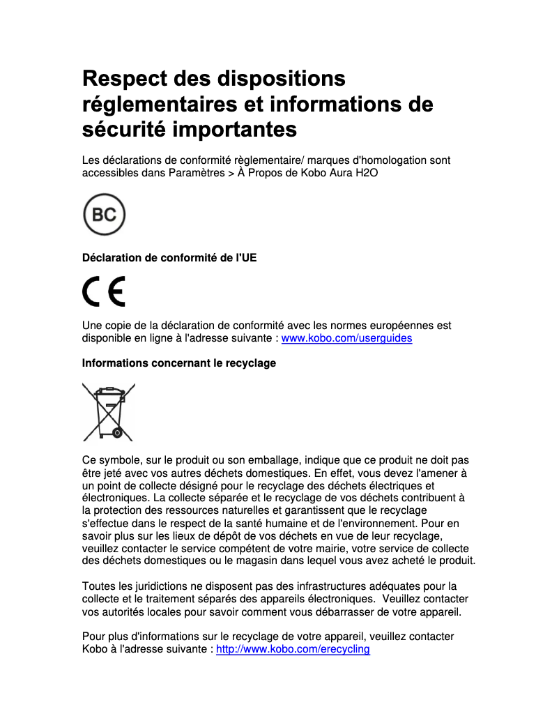 Page 1 de la notice Instructions de sécurité Kobo Aura H2O