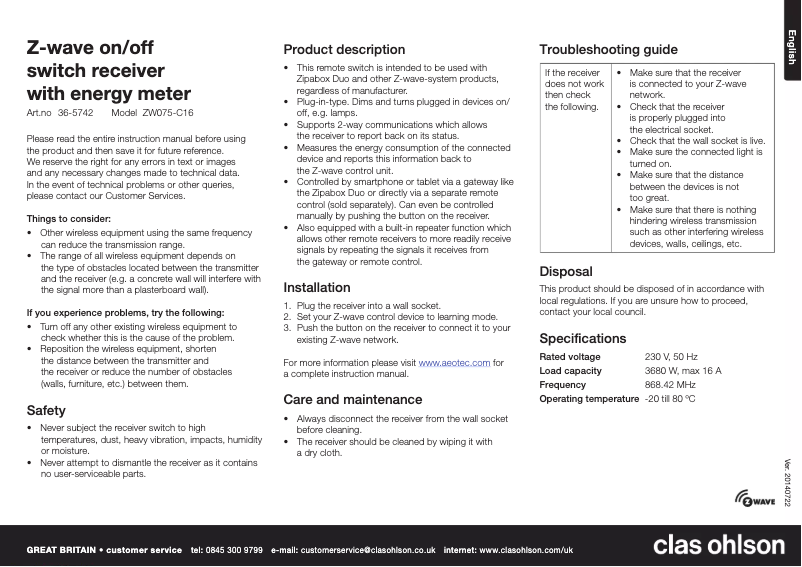 Page 1 de la notice Manuel utilisateur Aeon Labs ZW075-C16