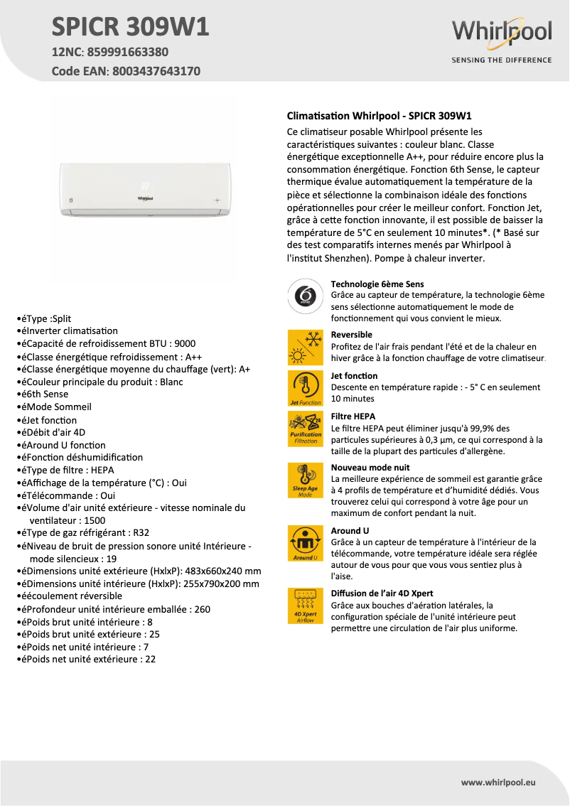 Page 1 de la notice Fiche technique Whirlpool SPICR 309W1