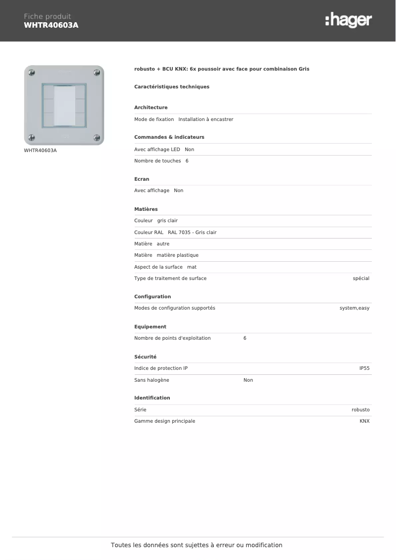 Page n°1 - Fiche technique Hager WHTR40603A