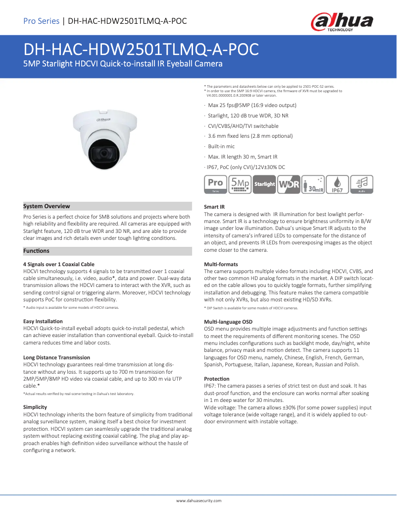 Page 1 de la notice Fiche technique Dahua Technology HAC-HDW2501TLMQ-A-POC