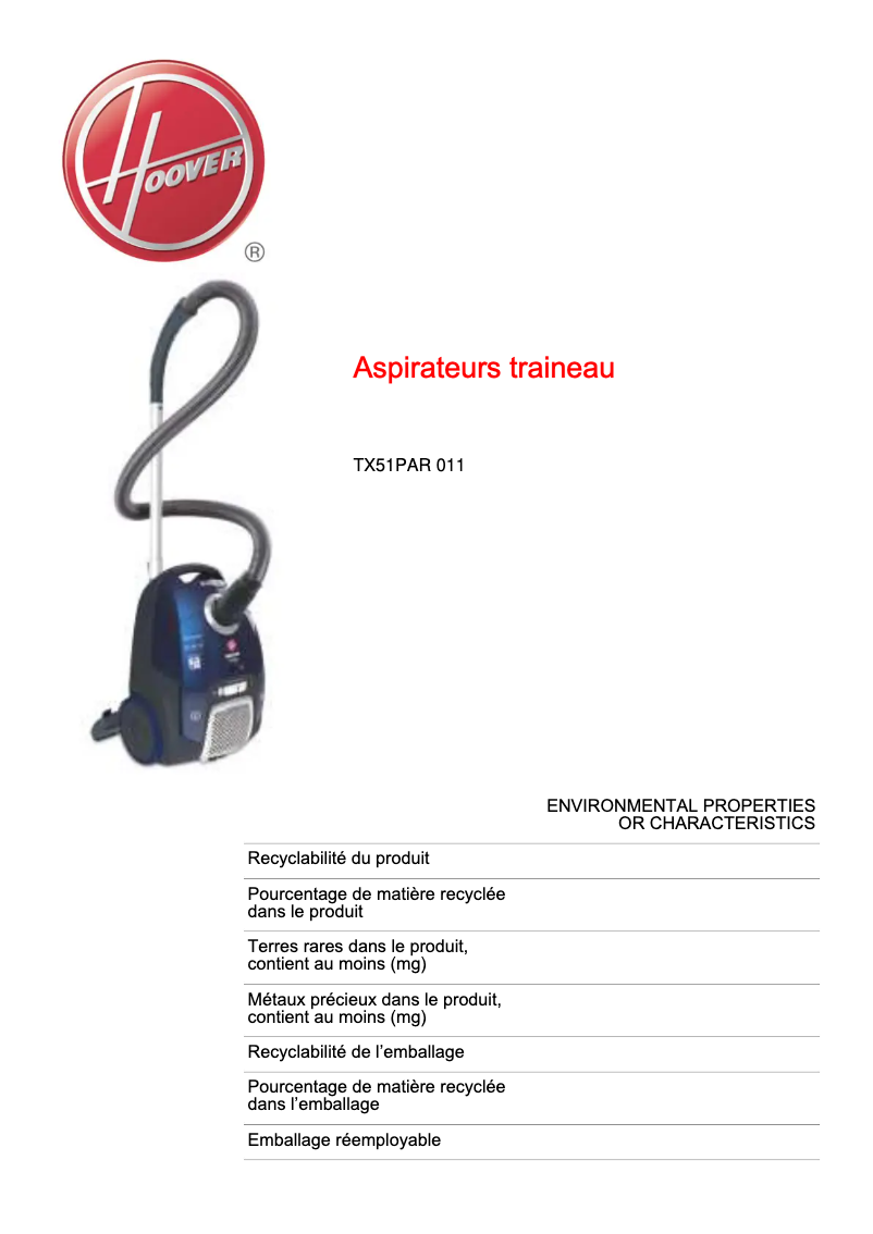 Page 1 de la notice Fiche technique Hoover TX51PAR 011