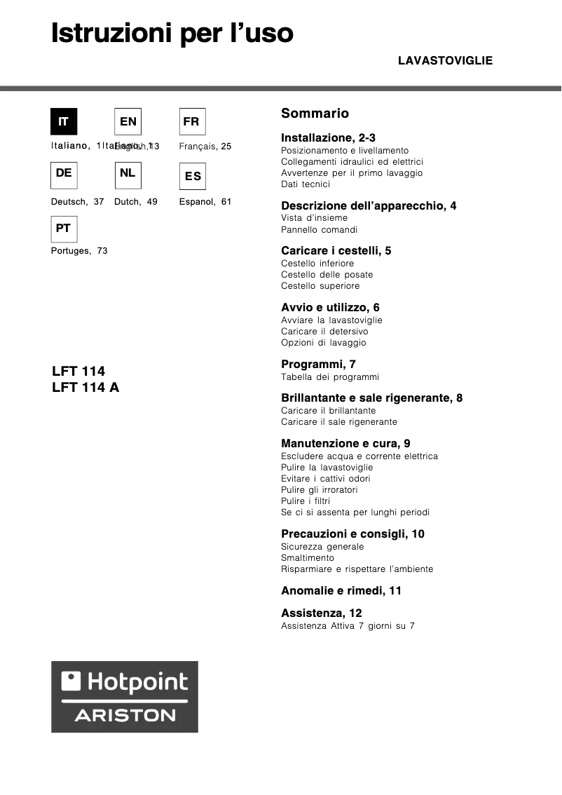 Page n°1 - Manuel utilisateur Hotpoint Ariston LFT 114
