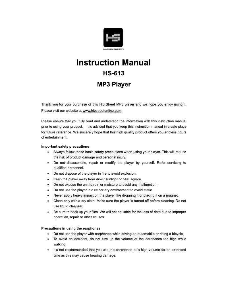 Page n°1 - Manuel utilisateur Hipstreet HS-613